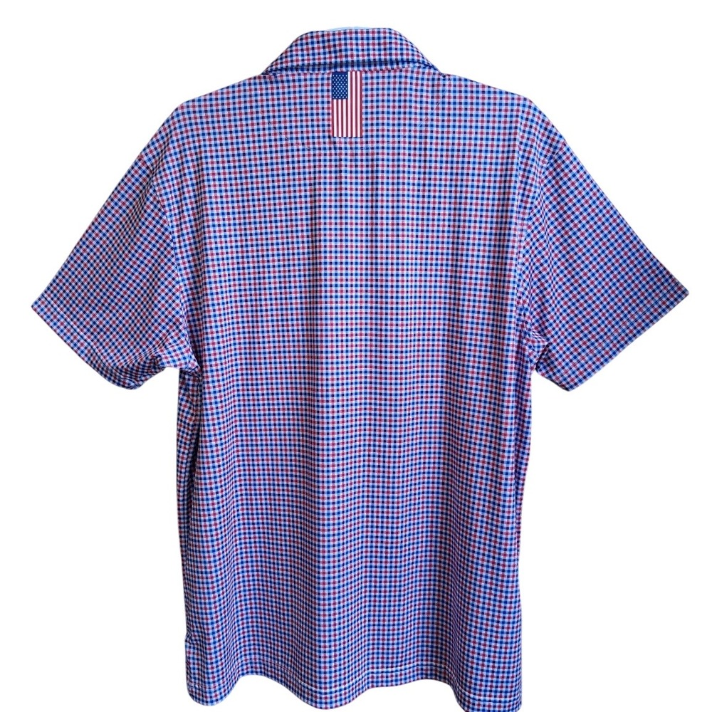Rhoback Polo Shirt Mens L Red White Blue Gingham Performance USA Flag Patriotic - Picture 2 of 13
